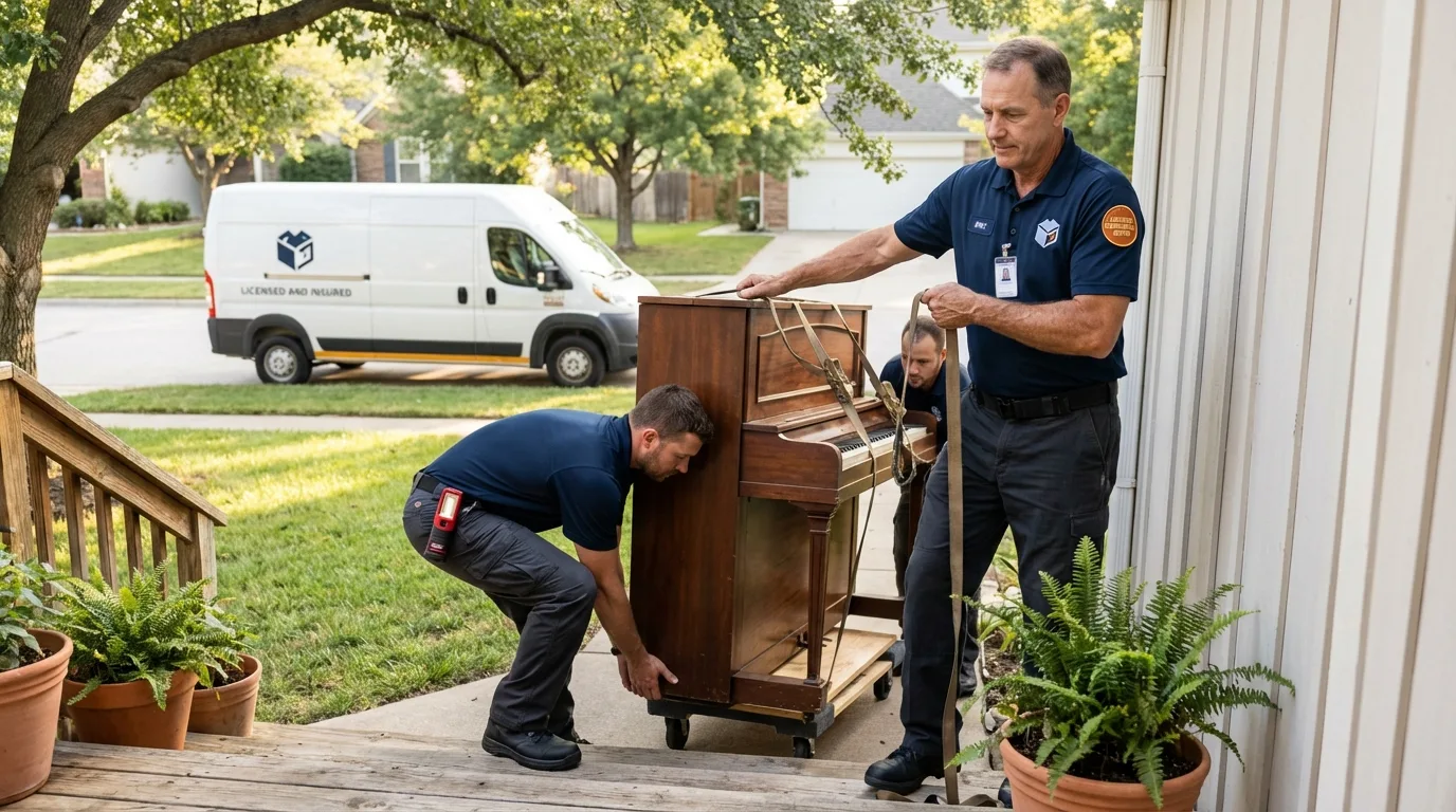 Licensed piano movers securing grand piano in Springfield, IL