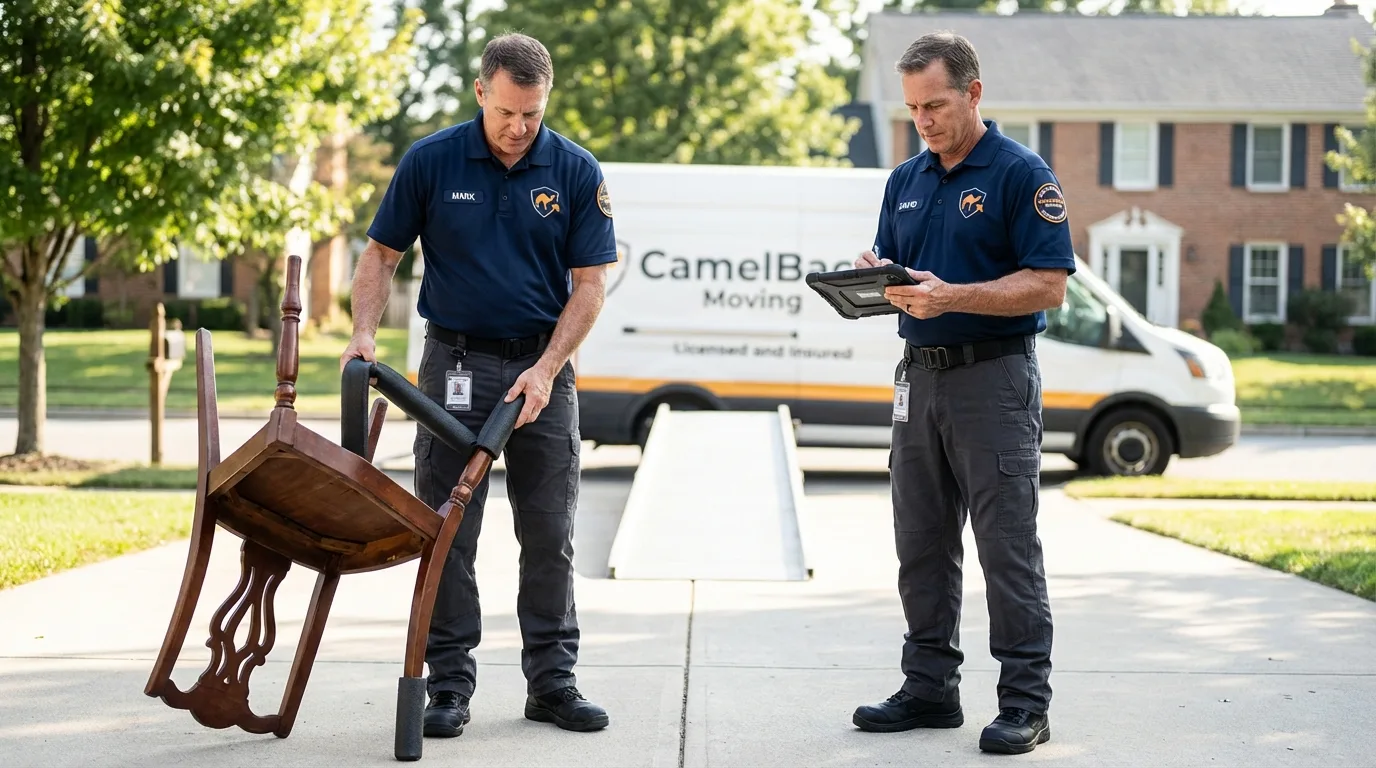 Movers inspecting furniture for damage prevention before loading in Springfield, IL