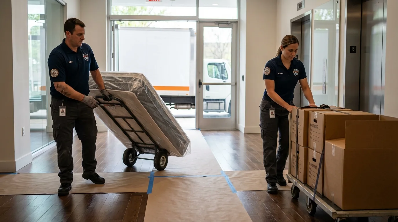 Professional apartment movers loading elevator in Springfield, IL