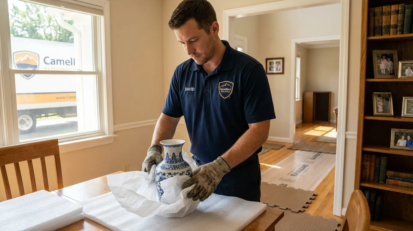 Professional crew carefully wrapping antique vase for senior downsizing move in Springfield, IL